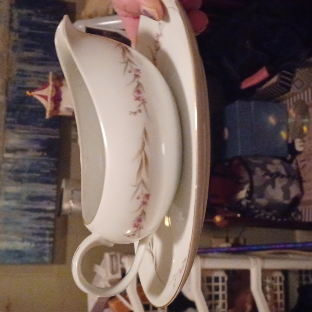 Prestige China Gravy Boat and Underplate Purple Green Floral Pattern Japan